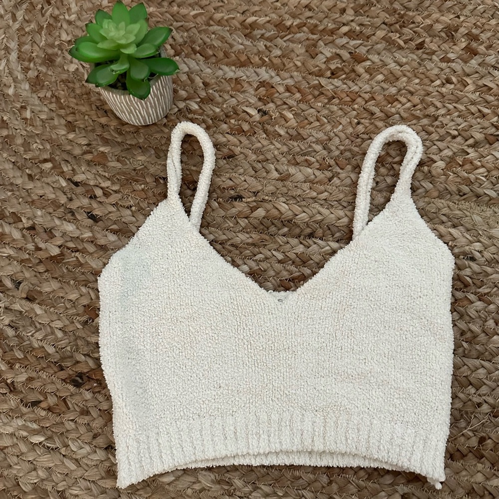 2/$20 Cream Textured Knit Cropped Tank Top - Sleeveless V-Neck